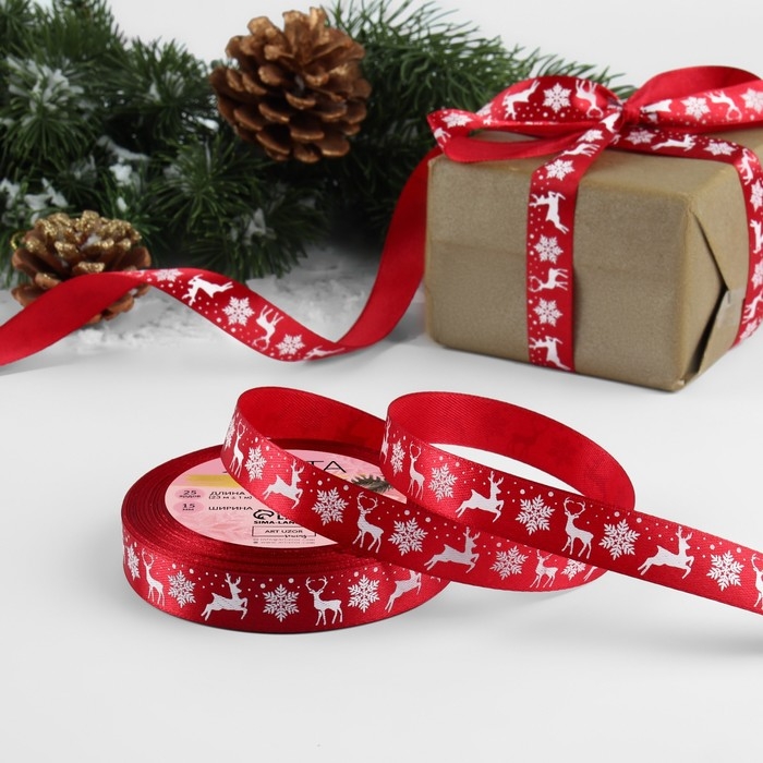 Новый год! Лента атласная &laquo;Олени&raquo;, 15 мм, 23 &plusmn; 1 м, цвет красный №33