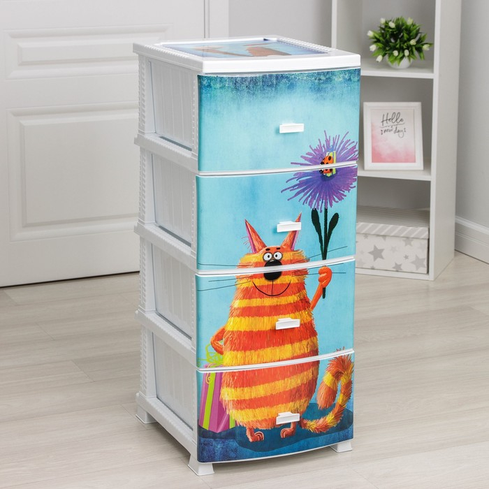 Комод детский 4-х секционный Росспласт «Декор. Кот», 38×95см, цвет белый Комод детский 4-х секционный Росспласт «Декор. Кот», 38×95см, цвет белый