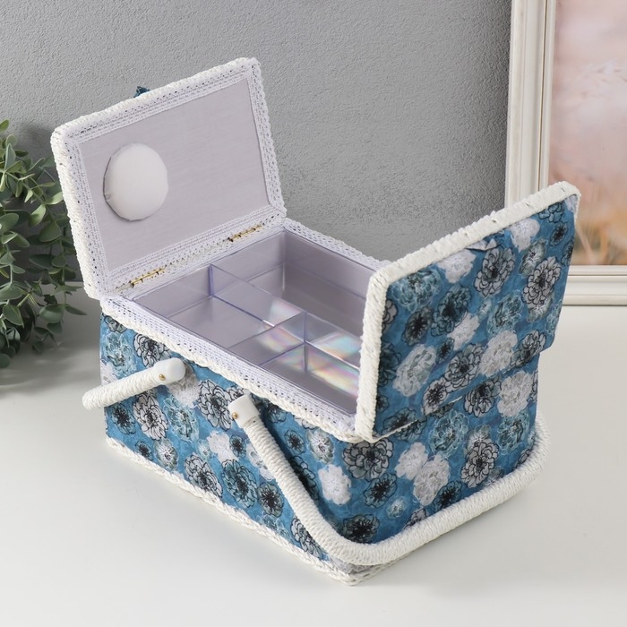 Шкатулка для рукоделия Шкатулка для рукоделия "Чёрно-белые цветы на голубом" 19х26х14,5 см