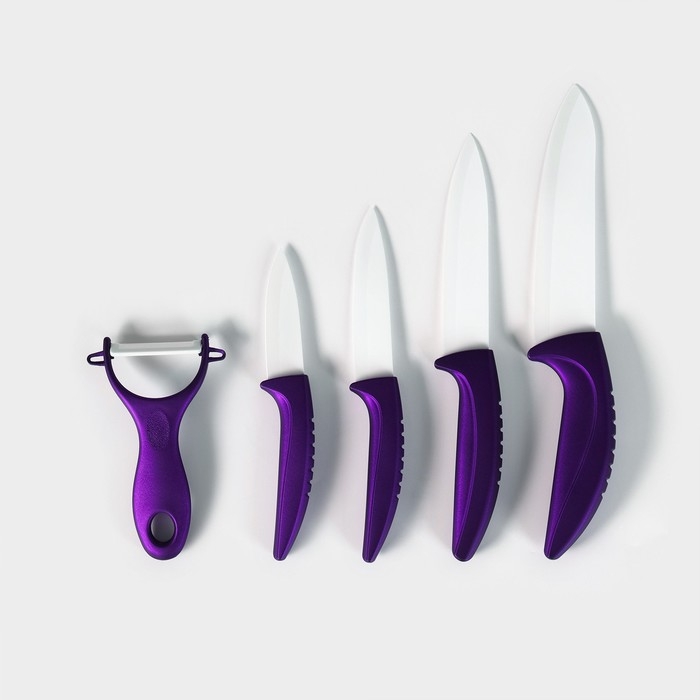 Набор кухонный &laquo;Изгиб&raquo;, 5 предметов: ножи 7,5 см, 10 см, 13 см, 15 см, овощечистка, на подставке, цвет фиолетовый