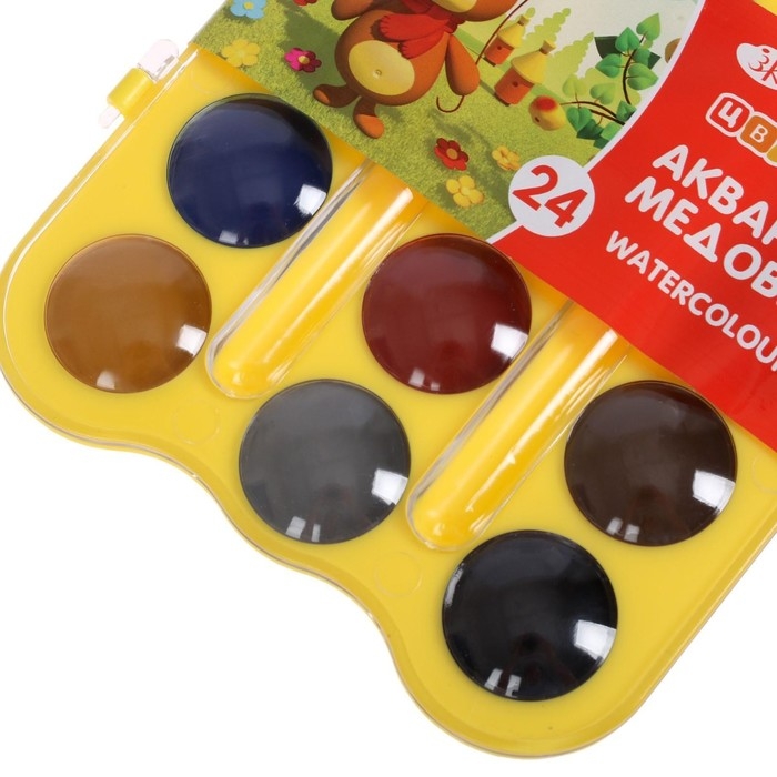 Акварель медовая 24 цвета, ЗХК Акварель медовая 24 цвета, ЗХК "Цветик", без кисти, жёлтый пластиковый футляр с петлей, 27421678