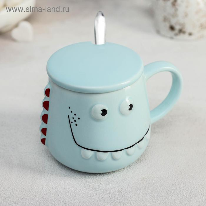 Кружка керамическая с крышкой и ложкой &laquo;Зубастик&raquo;, 480 мл, цвет МИКС