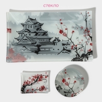 Набор для суши из стекла Доляна «Пагода», 3 предмета: соусники 8×2 см, 8×6 см, подставка 25×15×2 см Набор для суши из стекла Доляна «Пагода», 3 предмета: соусники 8×2 см, 8×6 см, подставка 25×15×2 см