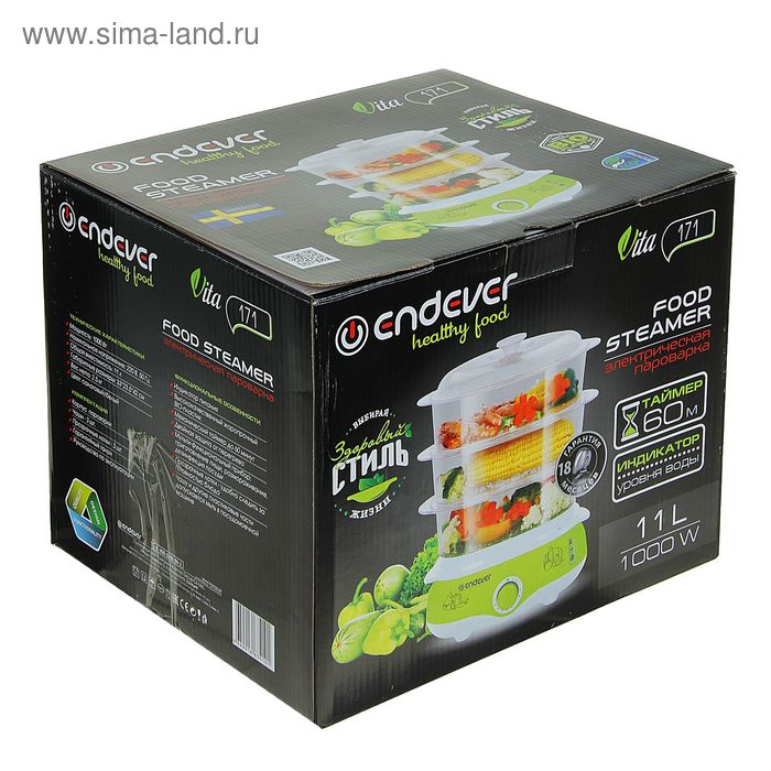 Пароварка Endever Vita-171, электрическая, 1000 Вт, 11 л, 3 яруса, бело-зеленая