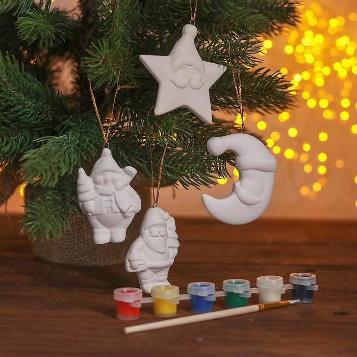 Новый год! Набор ёлочных украшений под раскраску 4 шт. &laquo;Чудо&raquo; с подвесом, краска 6 цв. по 2 мл, кисть