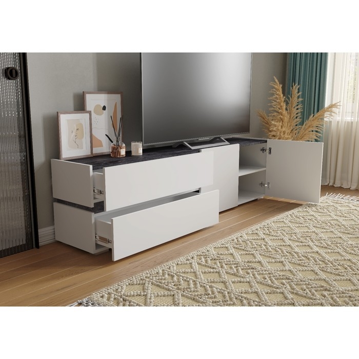 Тумба под ТВ Аркон, 1800х370х490,цвет белый / бетон тёмный