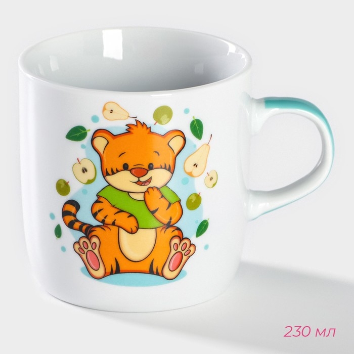 Набор детской посуды из керамики Доляна &laquo;Тигрёнок с грушами&raquo;, 3 предмета: кружка 230 мл, миска 400 мл, тарелка d=18 см, цвет белый