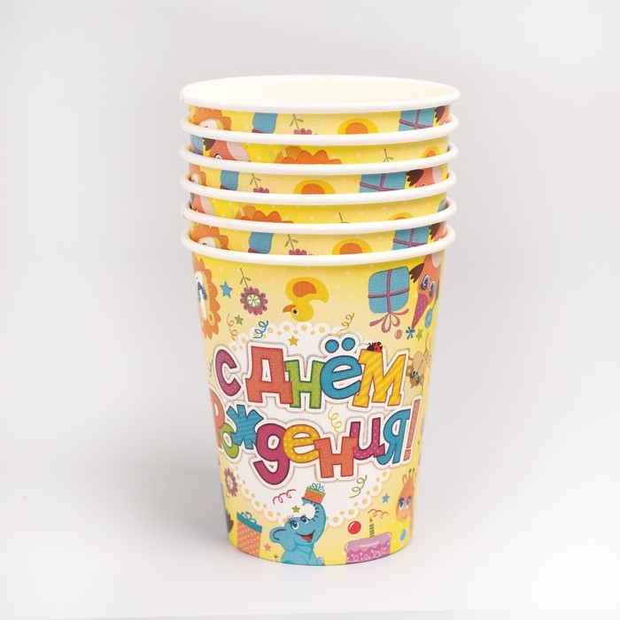 Набор бумажной посуды одноразовый Весёлые животные&raquo;, 6 тарелок , 1 гирлянда , 6 стаканов, 6 колпаков