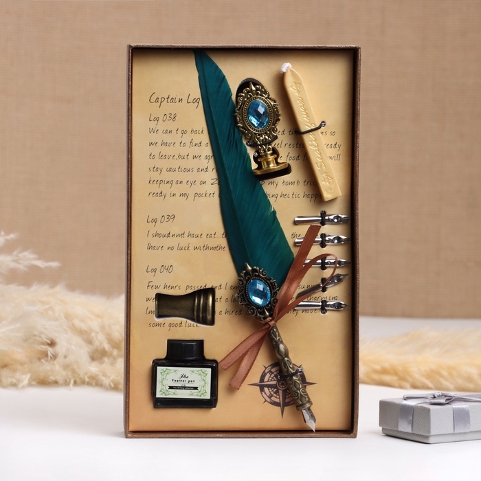 Набор подарочный 5в1 "Реликвия": перьевая ручка бирюза, чернила, наконечники, печать, воск