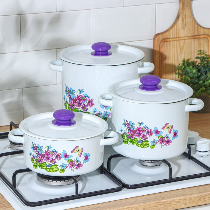 Набор кастрюль &laquo;Фиалка&raquo;, 3 предмета: 2 л, 3.5 л, 5.5 л, эмалированные крышки, индукция, цвет МИКС