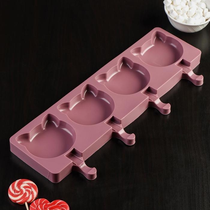 Форма для мороженого &laquo;Коты&raquo;, силикон, 38&times;14,5&times;2,5 см, 4 ячейки, цвет белый