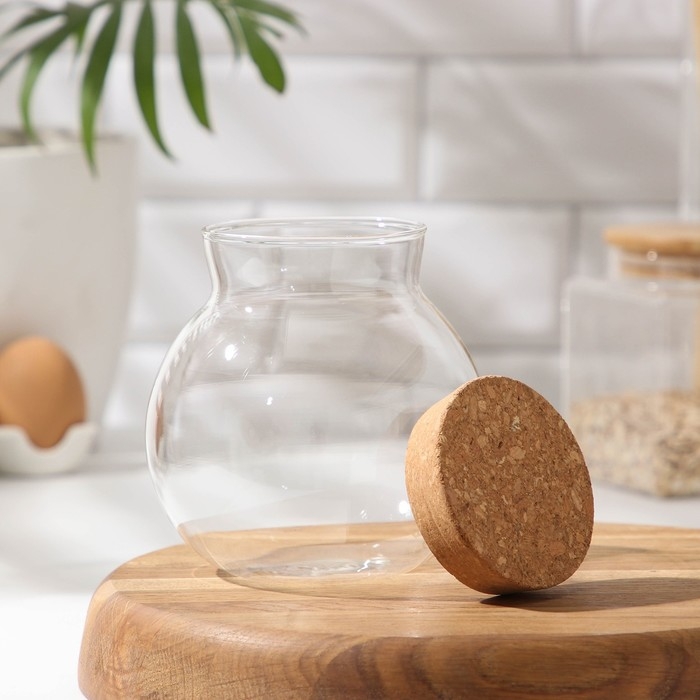 Банка стеклянная для сыпучих продуктов с пробковой крышкой «Бабл», 900 мл, 12×13,5 см Банка стеклянная для сыпучих продуктов с пробковой крышкой «Бабл», 900 мл, 12×13,5 см