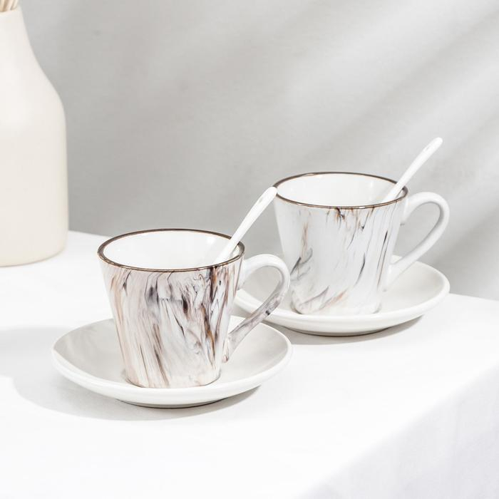 Набор чайный керамический на металлической подставке &laquo;Мрамор&raquo;, 6 предметов: 2 чашки 200 мл, 2 блюдца d=14 см, 2 ложки