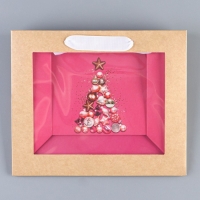 Пакет подарочный новогодний крафтовый с пластиковым окном &laquo;Новогодние шары&raquo;, 24 х 20 х 11см