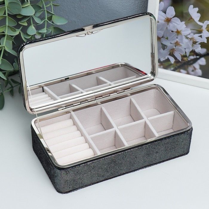 Шкатулка кожзам для украшений Шкатулка кожзам для украшений "Мелкие квадратики. Чёрное серебро" 6х9,8х18,5 см