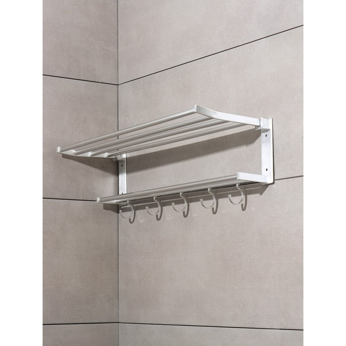 Полка откидная с держателем полотенец, 5 двигающихся крючков, 59,5×20,5×15 см, алюминий Полка откидная с держателем полотенец, 5 двигающихся крючков, 59,5×20,5×15 см, алюминий