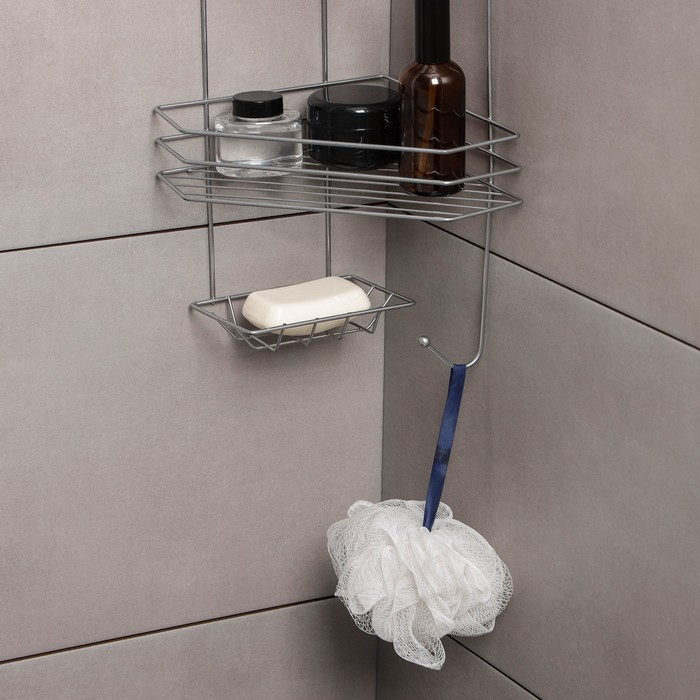 Полка угловая с мыльницей и вешалкой 2-х ярусная, 25,5×42,5 см, цвет хром Полка угловая с мыльницей и вешалкой 2-х ярусная, 25,5×42,5 см, цвет хром