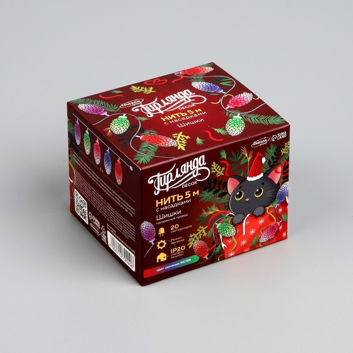 Гирлянда «Нить» 5 м с насадками «Шишки большие», IP20, прозрачная нить, 20 LED, свечение мульти (RG/RB), мигание, 220 В Гирлянда «Нить» 5 м с насадками «Шишки большие», IP20, прозрачная нить, 20 LED, свечение мульти (RG/RB), мигание, 220 В