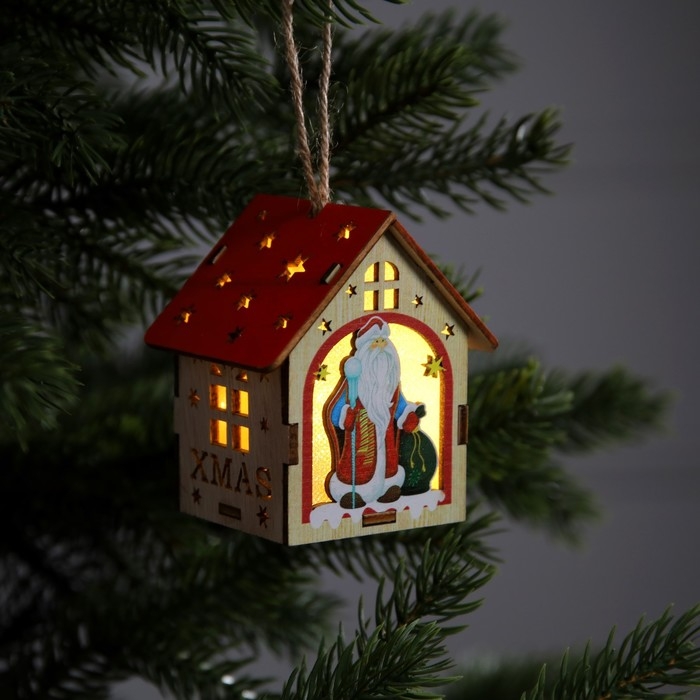 Ёлочная игрушка &laquo;Домик с Дедом Морозом&raquo;, от батареек, свечение тёплое белое