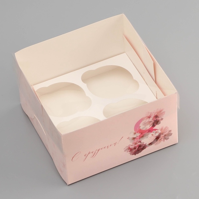 Коробка для 4 капкейка с прозрачной крышкой, Коробка для 4 капкейка с прозрачной крышкой, "8 марта", 16 × 16 × 10 см, кондитерская упаковка