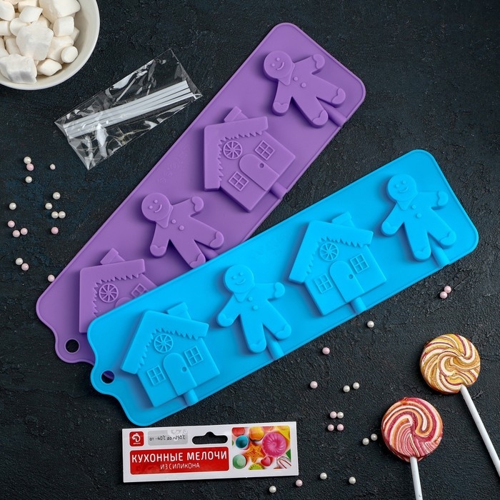 Форма для леденцов новогодняя Доляна &laquo;Дом для имбирного пряника&raquo;, силикон, 31&times;9 см, 4 ячейки, с палочками, цвет МИКС