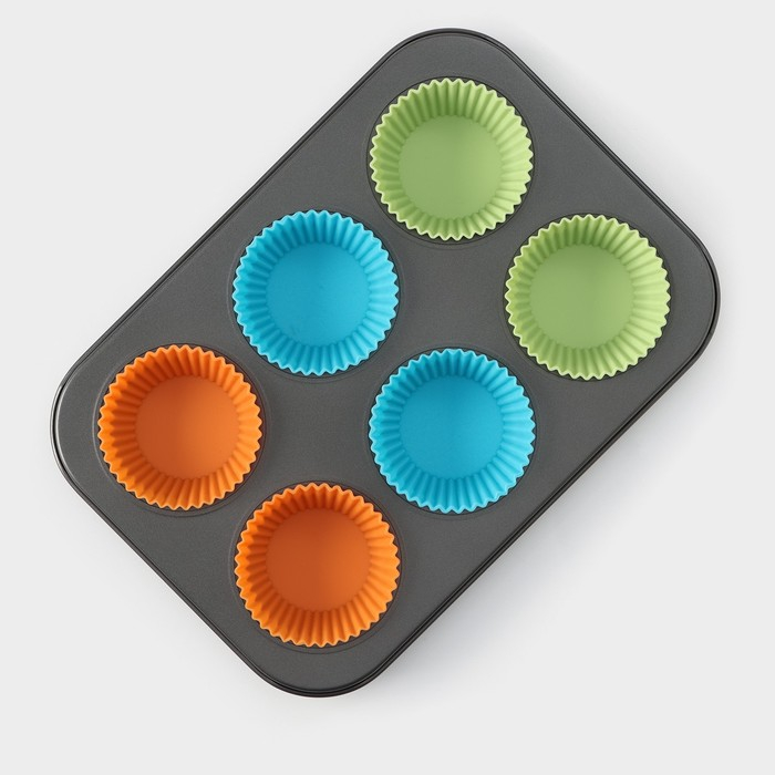 Форма для выпечки Доляна &laquo;Силикон плюс&raquo;, 27&times;18,5 см, 6 ячеек, силиконовые вкладки, антипригарное покрытие, цвет формочек МИКС