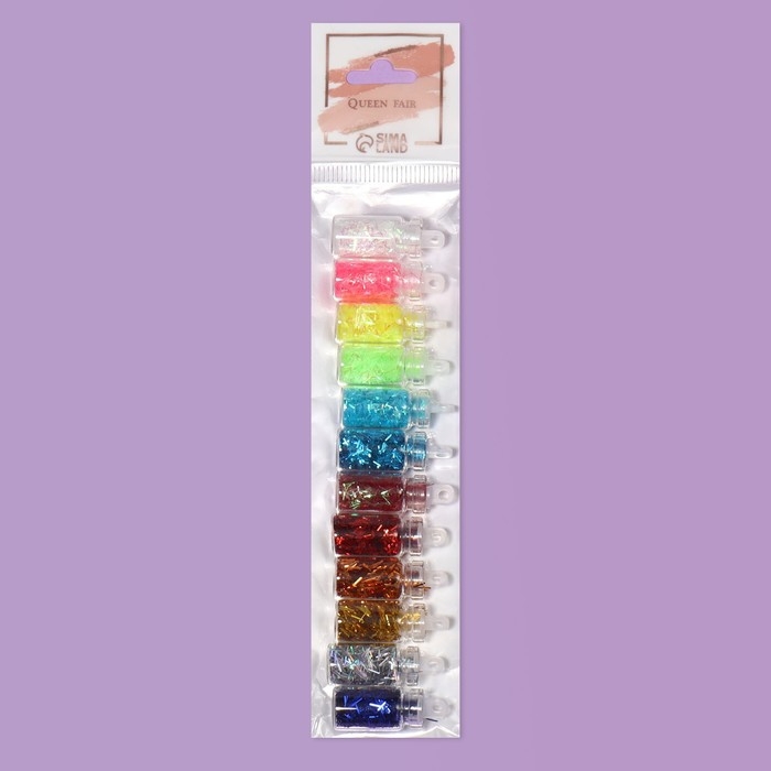 Стружка для декора ногтей, 12 бутылочек, разноцветные