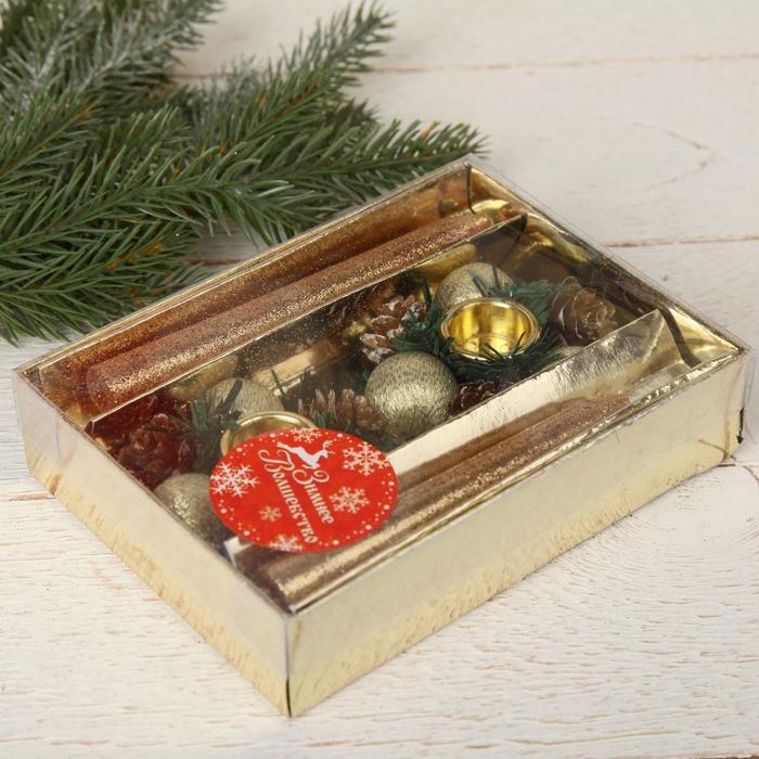 Свеча новогодняя с подсвечником Свеча новогодняя с подсвечником "Шишки и шарики" (набор 4 шт) 3,5х11х15 см, золото