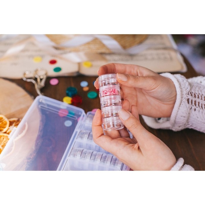 Набор баночек для рукоделия, 25 шт, d = 2,3 / 2,7 см, в контейнере со съёмными ячейками, 19 × 9,5 × 3,5 см, цвет прозрачный Набор баночек для рукоделия, 25 шт, d = 2,3 / 2,7 см, в контейнере со съёмными ячейками, 19 × 9,5 × 3,5 см, цвет прозрачный