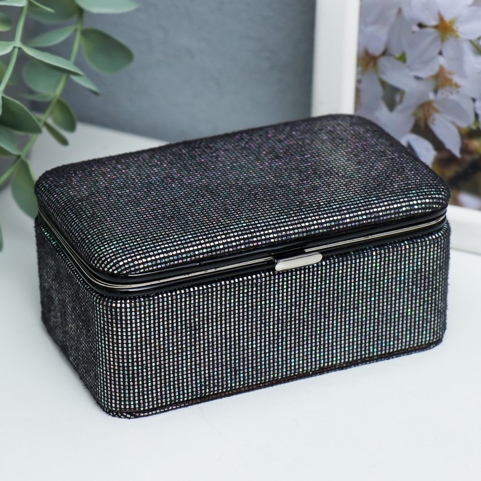 Шкатулка кожзам для украшений Шкатулка кожзам для украшений "Мелкие квадратики. Чёрное серебро" 6х7х12 см