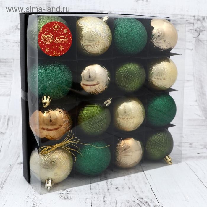 Набор шаров пластик d-6 см, 16 шт Набор шаров пластик d-6 см, 16 шт "Загадка" зелёный золото