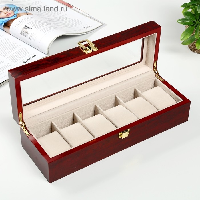 Шкатулка дерево под часы 6 отделений Шкатулка дерево под часы 6 отделений "Красно-коричневая" лак 8х31х11 см