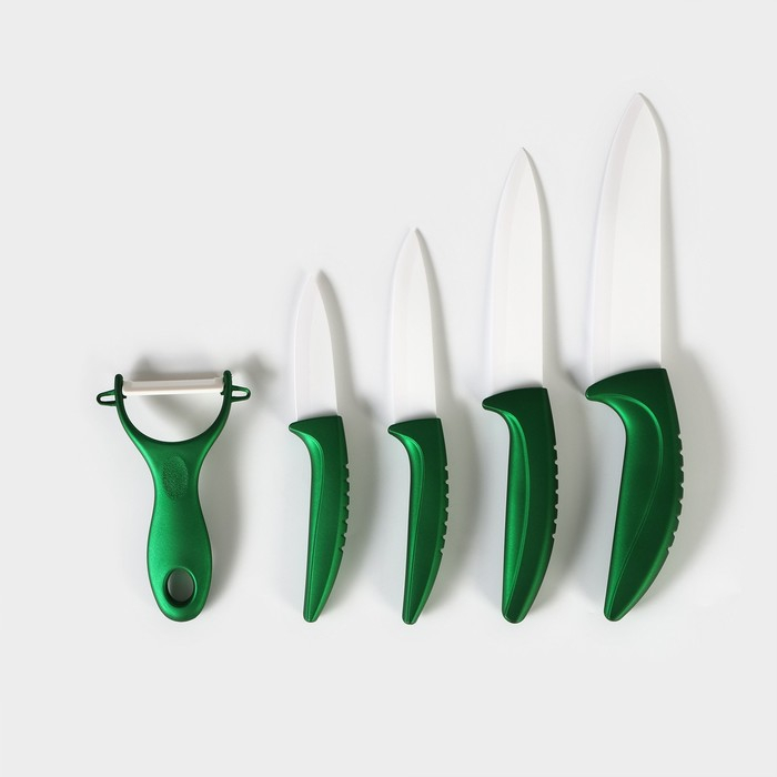 Набор кухонный на подставке &laquo;Изгиб&raquo;, 5 предметов: 4 ножа, 7,5 см, 10 см, 13 см, 15 см, овощечистка, цвет зелёный