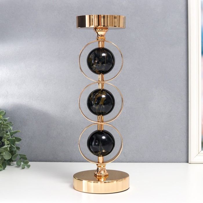 Подсвечник металл на 1 свечу Подсвечник металл на 1 свечу "Три чёрных мраморных шара в сферах" золото 37х12х12 см