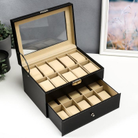 Шкатулка под часы двойная 20 отделений кожзам "Классика" чёрная матовая 16,5х28х21 см Шкатулка под часы двойная 20 отделений кожзам "Классика" чёрная матовая 16,5х28х21 см