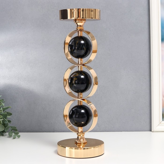 Подсвечник металл на 1 свечу Подсвечник металл на 1 свечу "Три чёрных мраморных шара в сферах" золото 37х12х12 см