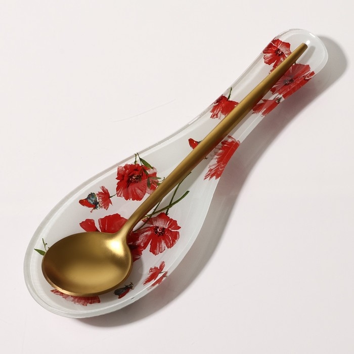 Подставка стеклянная под ложку Доляна &laquo;Красные маки&raquo;, 23,5&times;8,3&times;1,5 см