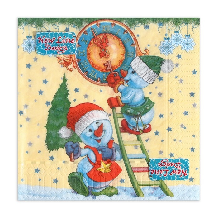 Новый год. Салфетки бумажные New Line Design &laquo;Снеговички-Часовички&raquo;, 33х33 см, 3 слоя 20 листов