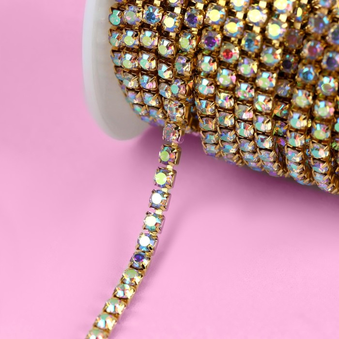 Цепь со стразами, с голографией, металл, стекло, 3,5 мм, 9 &plusmn; 1 м, цвет золотой