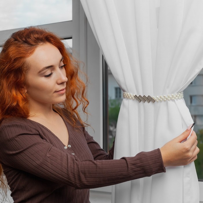 Подхват для штор &laquo;Геометрия&raquo;, жемчуг на резинке, 2,2 &times; 7,5 см, 2 &times; 45 см, цвет белый