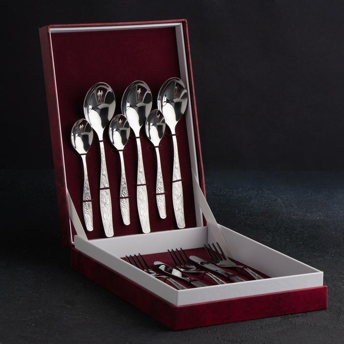 Набор столовый &laquo;Уралочка&raquo;, 12 предметов, толщина 2 мм, декорированная коробка, цвет серебряный