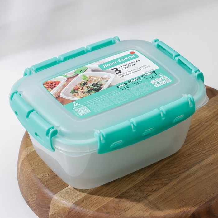 Набор пищевых герметичных контейнеров, 3 шт: 380 мл, 0,8 л, 1,5 л, прозрачные, крышка голубая Набор пищевых герметичных контейнеров, 3 шт: 380 мл, 0,8 л, 1,5 л, прозрачные, крышка голубая