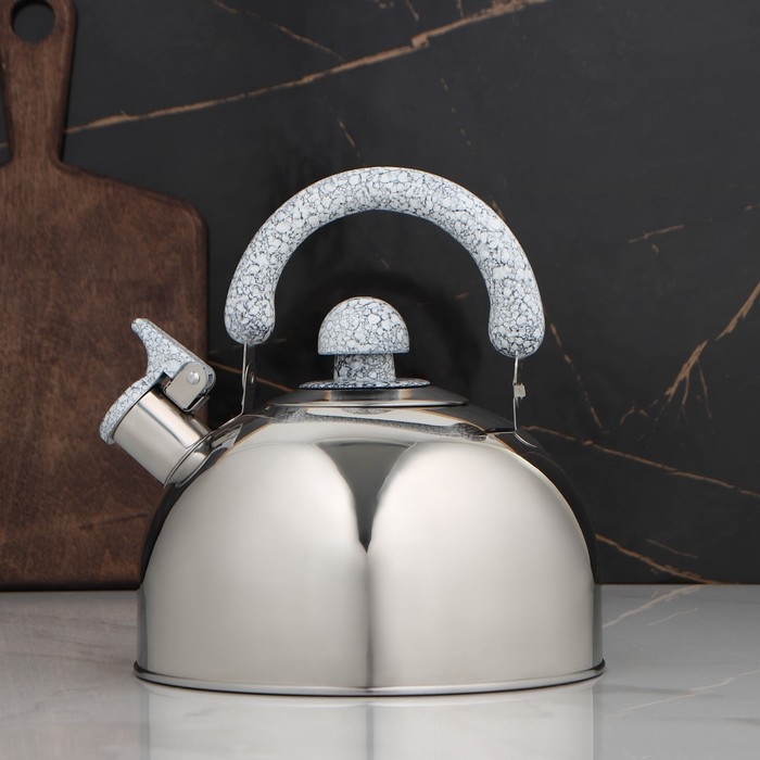 Чайник со свистком из нержавеющей стали Доляна &laquo;Мрамор&raquo;, 3 л, фиксированная ручка, цвет хромированный