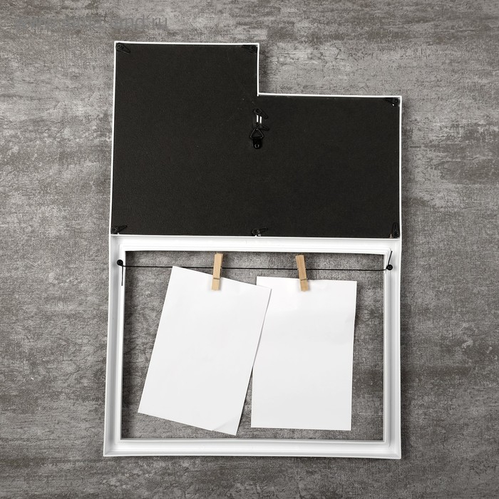 Фоторамка пластик на 4 фото 12х12, 10х15, 13х18 см Фоторамка пластик на 4 фото 12х12, 10х15, 13х18 см "С прищепками" белая 40х28,5 см