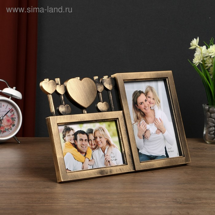 Фоторамка пластик на 2 фото 10х15, 13х18 см Фоторамка пластик на 2 фото 10х15, 13х18 см "Сердечки на ниточках" тём. золото 20,5х33х2см