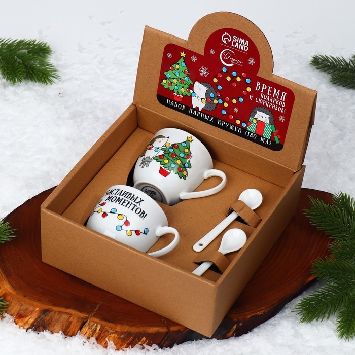 Новый год. Набор из керамики &laquo;Ёжик&raquo;, кружка 180 мл 2 шт, ложка 2 шт, цвет белый