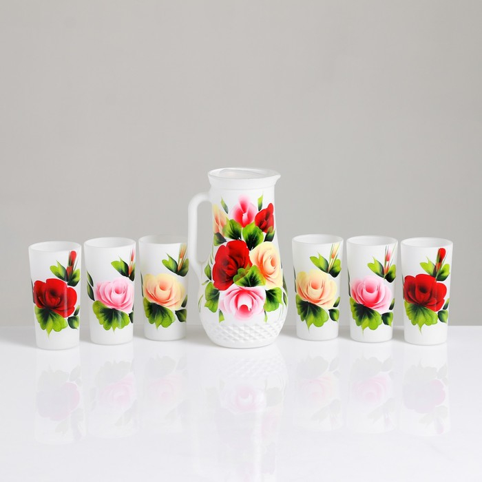 Набор для сока с подносом "Жостово" художественная роспись, 6 стаканов 1250/200 мл, белый ма