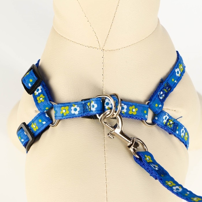 Комплект прошитый Комплект прошитый "Цветы", поводок 120 х 1 см, ОГ 23-35 см, тёмно-синий