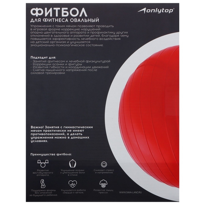 Фитбол овальный ONLYTOP, 77х40х40 см, 900 г, цвета МИКС