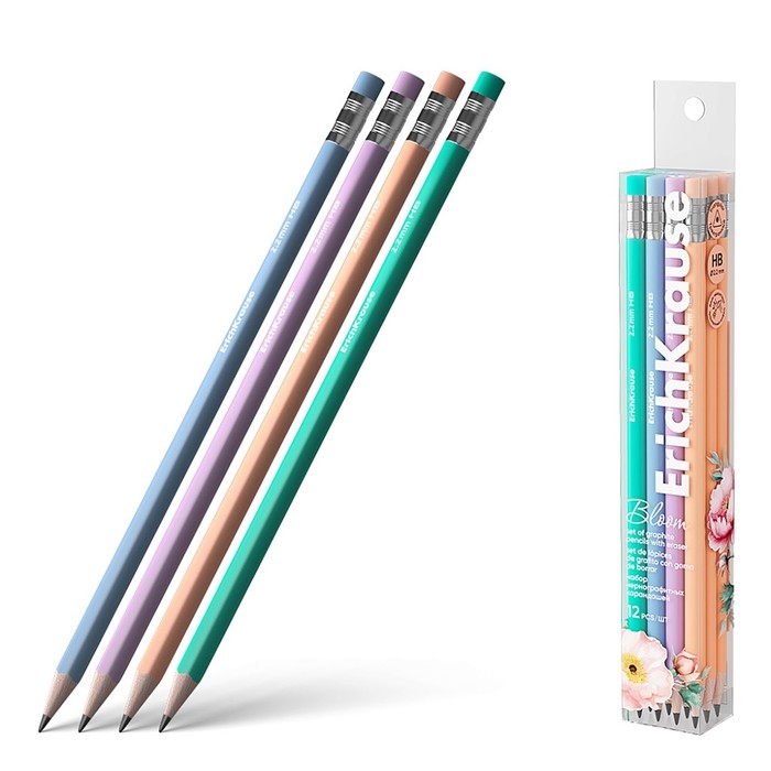 Набор чернографитных карандашей 12 штук HB ErichKrause Набор чернографитных карандашей 12 штук HB ErichKrause "Pastel Bloom" дерево, трехгранных с ластиком